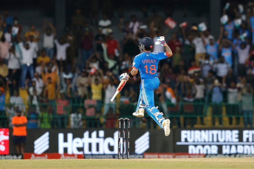 Virat Kohli celebrates his century during the Asia Cup match between India and Pakistan
